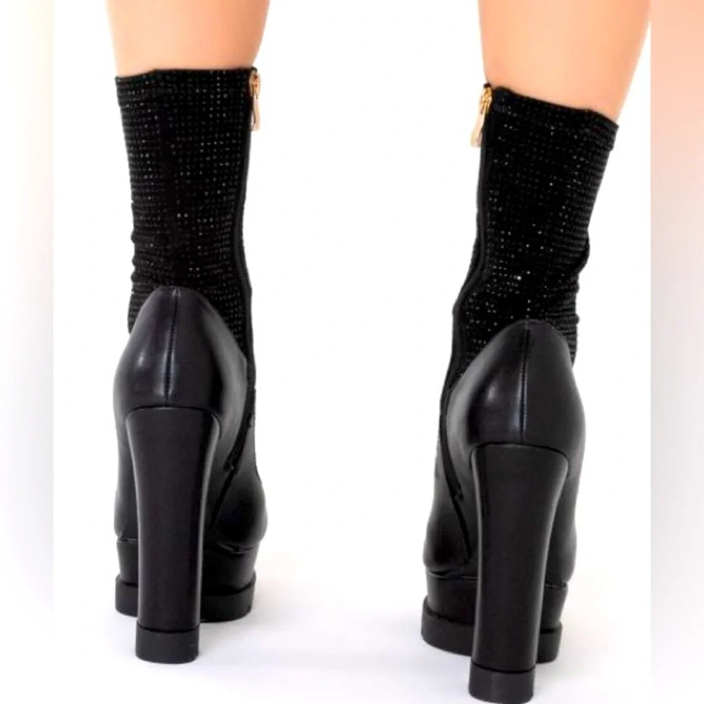 Black Leather Rhinestone Sock Ultra Chunky Platform Booties